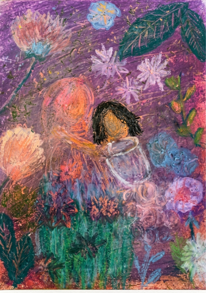 "Watercolour illustration of a woman surrounded by flowers, representing the many layers of motherhood"
